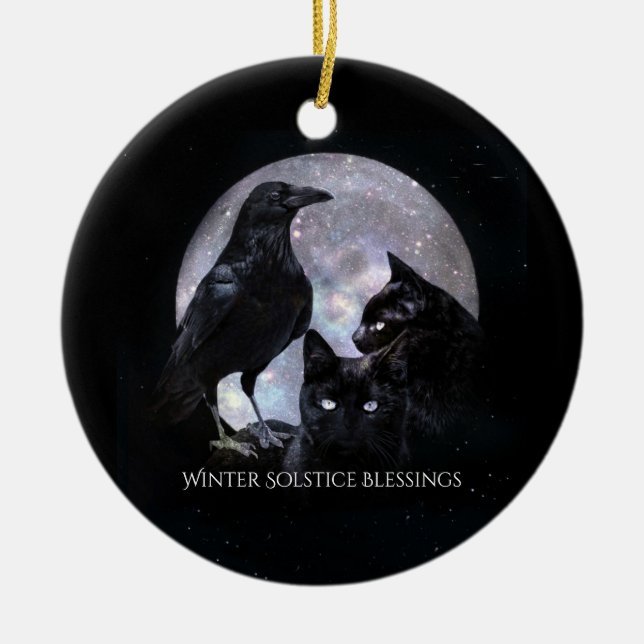 Wintersonne, roh und schwarze Katzen mit Segen Keramik Ornament (Vorne)