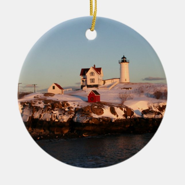 Wintersonnenuntergang bei Nubble Light Keramik Ornament (Vorne)