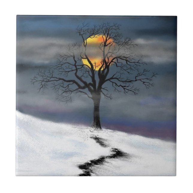 Wintersonnenuntergang Keramik Tile Painting Fliese (Vorderseite)
