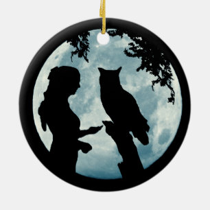 Wintersonnenwende Mädchen und Eulenmond Keramik Ornament