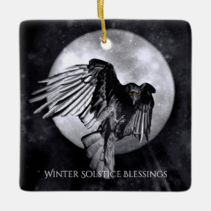Wintersonnenwende Rabe Krähe und Mond Keramikornament