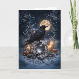 Wintersonnenwende Yule mit Rabe Schnee Kristall Karte