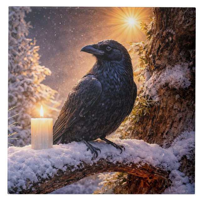 Wintersonnenwende Yule Rabe und Schnee  Fliese (Vorderseite)