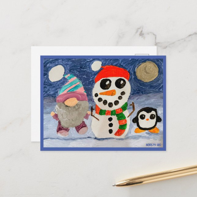 Winterspass mit Gnome, Snowman und Pinguin Postkarte (Vorderseite/Rückseite Beispiel)