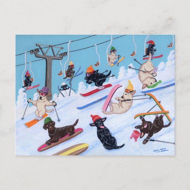 Winterspass Skifahren Labradors Malen Postkarte (Vorderseite)