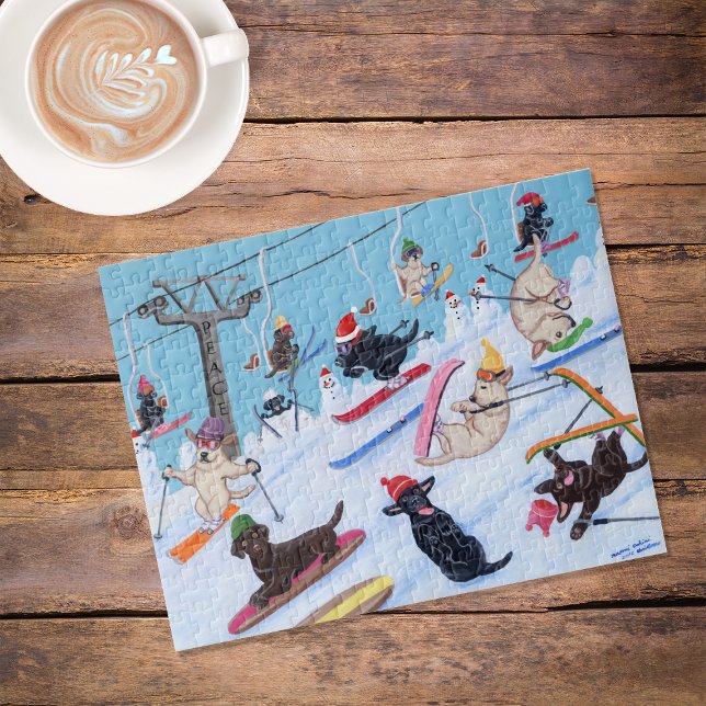Winterspass Skifahren Weihnachtsbäder Puzzle (Winter Fun Skiing Christmas Labradors Jigsaw Puzzle featuring Labs in action.  Christmas style.)
