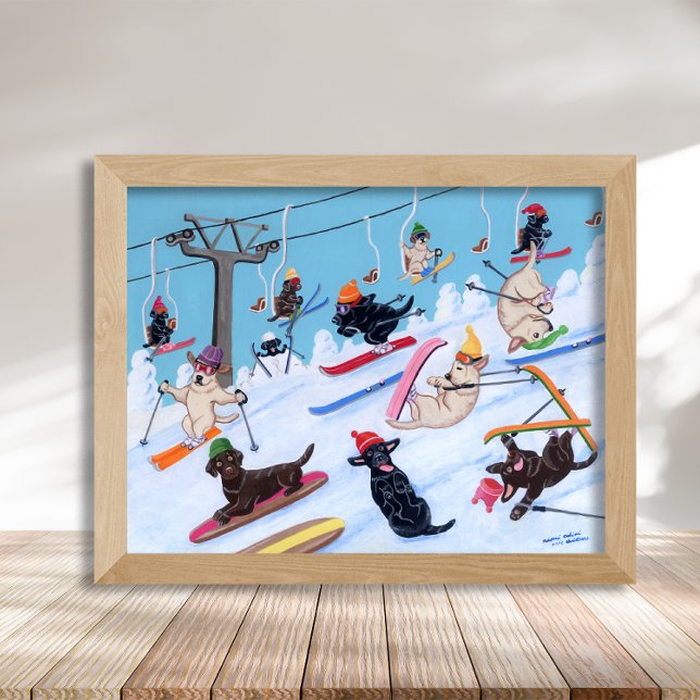 Winterspass Skifahrer Kunstwerk Poster (Winter Fun Skiing Labradors Poster for Labrador Owners.  Delightful and whimsical Labrador Artwork.)