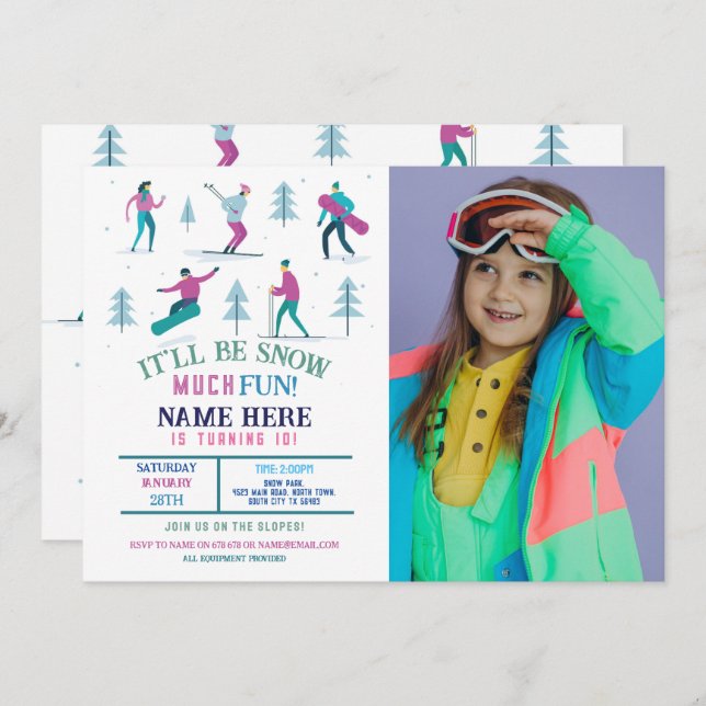 Wintersport Geburtstag Girls Ski Snowboard Foto Einladung (Vorne/Hinten)