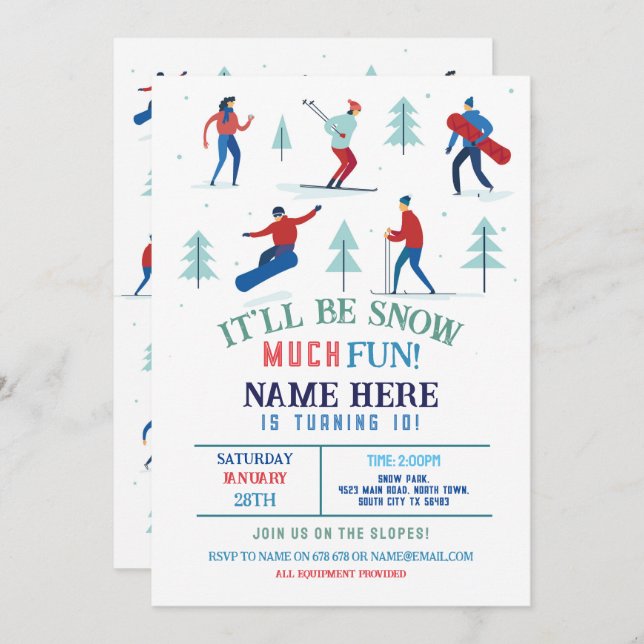 Wintersport Geburtstagsparty Ski Snowboard Einladung (Vorne/Hinten)