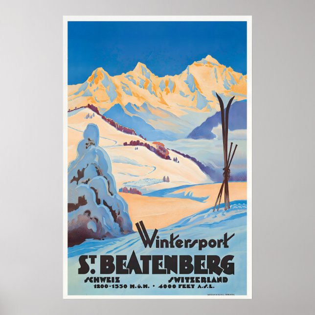 Wintersport in Beatenberg Schweiz Vintage Poster (Vorne)