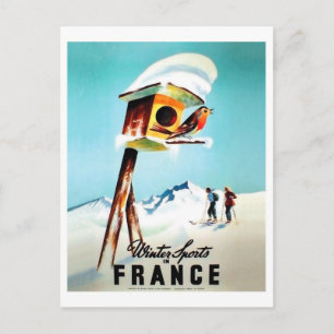 Wintersport in Frankreich, kleiner Vogel auf ihrer Postkarte