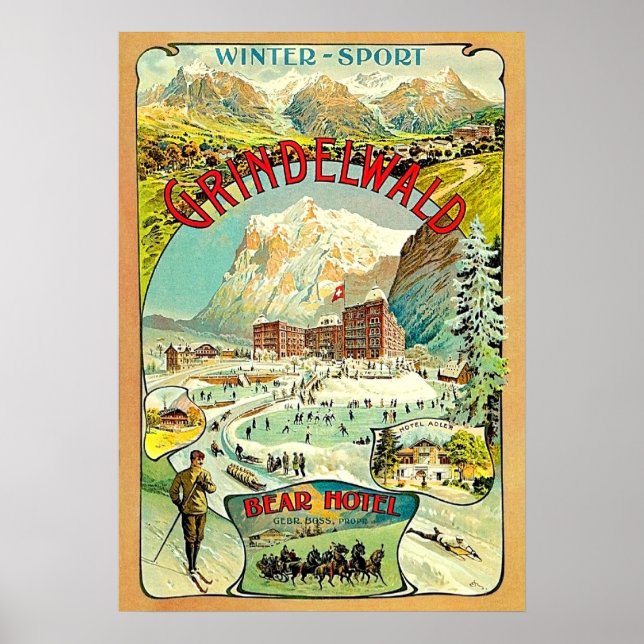 Wintersport in Grindelwald, Schweiz, Mosaik Poster (Vorne)