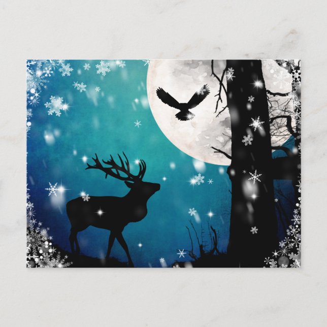 Winterstag Moon Owls Postkarte | Mystischer Wald (Vorderseite)