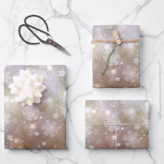 Winterstars und Schneeflocken Geschenkpapier Set (Vorderseite)