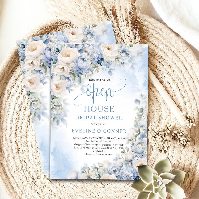 Winterstaubblauer und Elfenbeinblauer Blume Open H Einladung (Boho Elegant Dusty Blue and Ivory Flowers open house bridal shower invitation)
