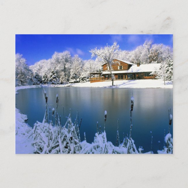 Winterszene, Haus am See Postkarte (Vorderseite)
