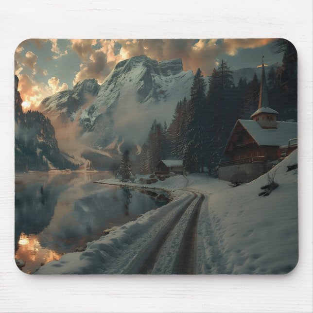 Winterszene mit Gebäude aus Holz Mousepad (Vorne)