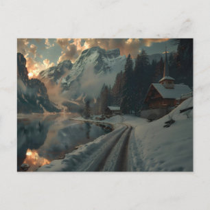 Winterszene mit Gebäude aus Holz Postkarte