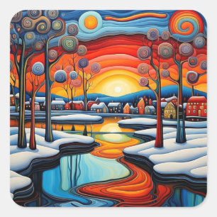 Wintertag bei Sonnenuntergang 11 Quadratischer Aufkleber