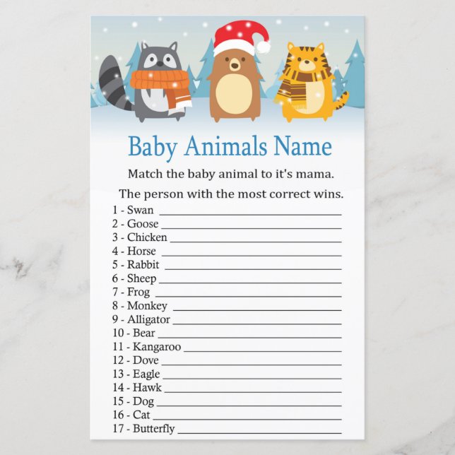 Wintertiere Baby Tiere Name Spiel Baby Dusche (Vorderseite)