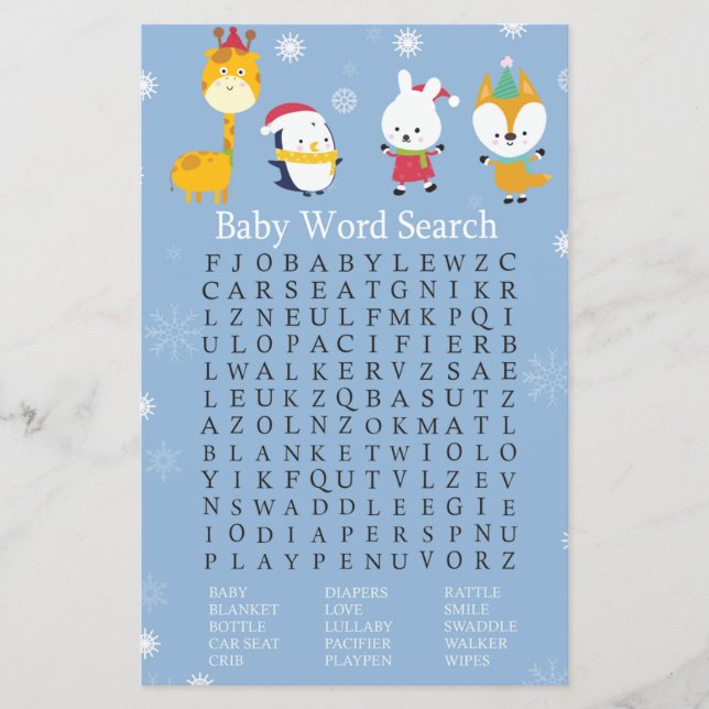 Wintertiere Kinderdusche Word Search Game (Vorderseite)