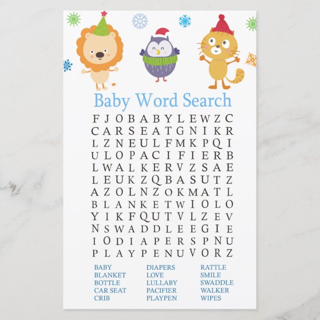 Wintertiere Kinderdusche Word Search Game (Vorderseite)