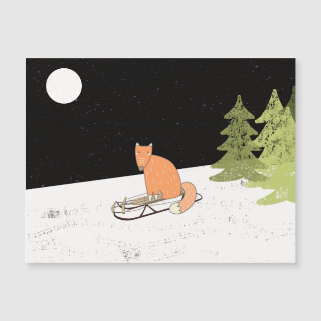 Wintertime- Sledding Fox - Illustration Magnetkarte (Vorderseite)