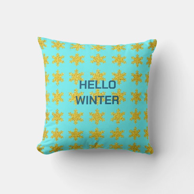 Wintertypografie-Muster Snowflake Gold Blue Kissen (Vorderseite)