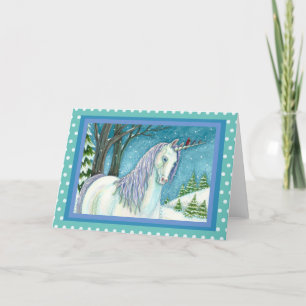 WINTERUNICORN UND VÖGEL, FRIEDLICHE SCHNEELANDSCHA FEIERTAGSKARTE