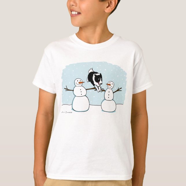 Winterurlaub Border Collie Hund mit Snowmen T-Shirt (Vorderseite)