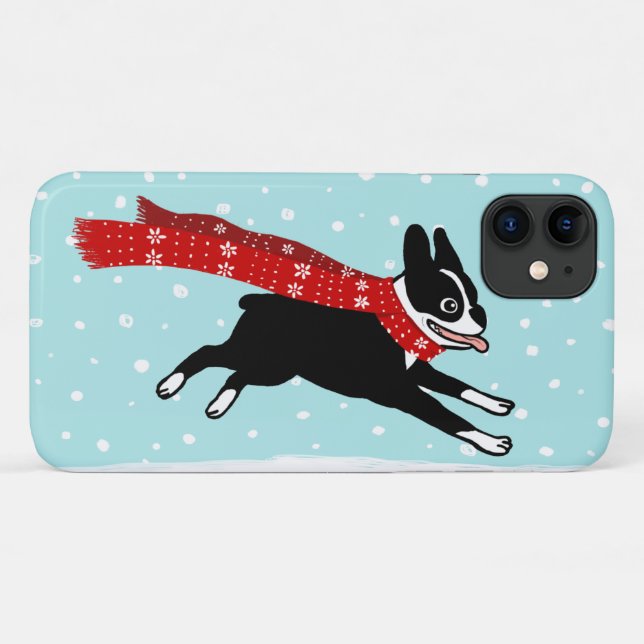 Winterurlaub Boston Terrier, das roten Schal trägt Case-Mate iPhone Hülle (Rückseite (Horizontal))