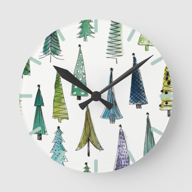 Winterurlaub Evergreen Trees Runde Wanduhr (Vorderseite)