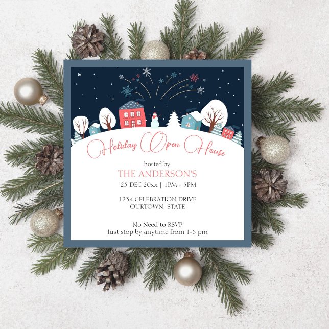 Winterurlaub Ferienhaus Party Einladung (Winter village holiday open house party editable template invitation digital download cute houses)