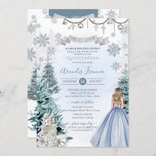 Winterurlaub Glitzer Snowflake Blue Quinceñera Einladung