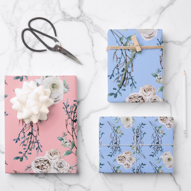 Winterurlaub Hochzeit Rose Muster Geschenkpapier Set (Vorderseite)