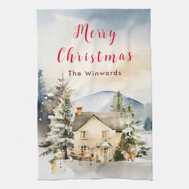 Winterurlaub Hütte Frohe Weihnachten Geschirrtuch (Vertikal)