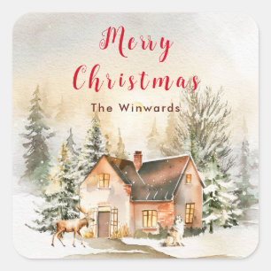 Winterurlaub Hütte Frohe Weihnachten Quadratischer Aufkleber
