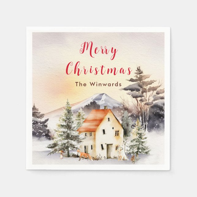 Winterurlaub Hütte Frohe Weihnachten Serviette (Vorderseite)