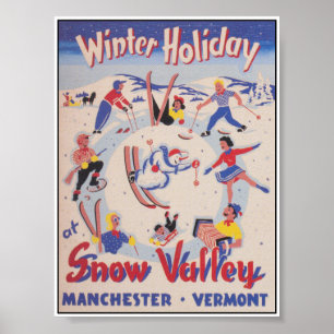 Winterurlaub im Snow Valley Vermont Vintage Skipis Poster