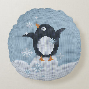 Winterurlaub in Pinguin-Snowflakes Rundes Kissen