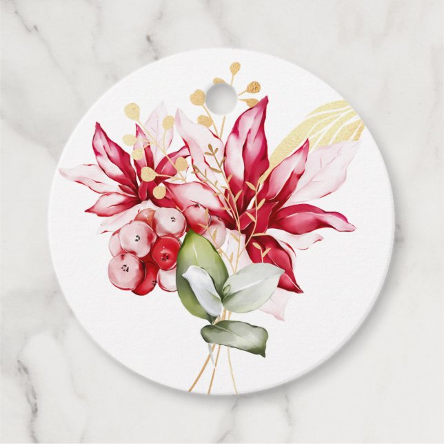 Winterurlaub Rote Poinsettia Aquarellfarben Blume Geschenkanhänger (Vorderseite)