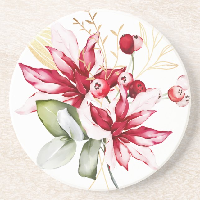 Winterurlaub Rote Poinsettia Aquarellfarben Blume Getränkeuntersetzer (Vorne)
