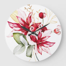 Winterurlaub Rote Poinsettia Aquarellfarben Blume Große Wanduhr