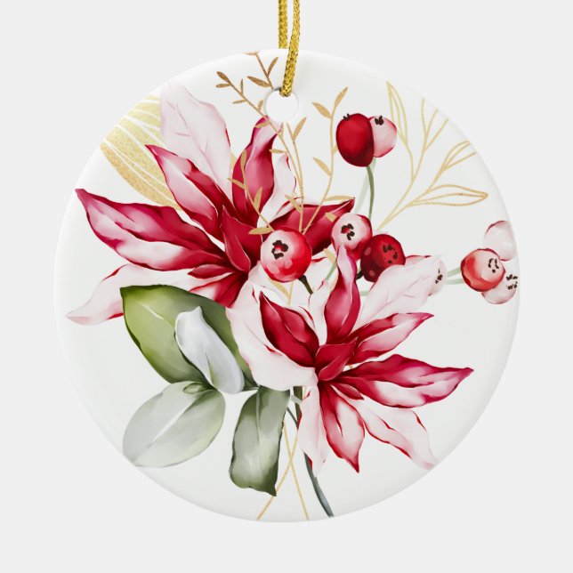 Winterurlaub Rote Poinsettia Aquarellfarben Blume Keramik Ornament (Vorne)