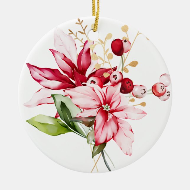 Winterurlaub Rote Poinsettia Aquarellfarben Blume Keramik Ornament (Vorne)