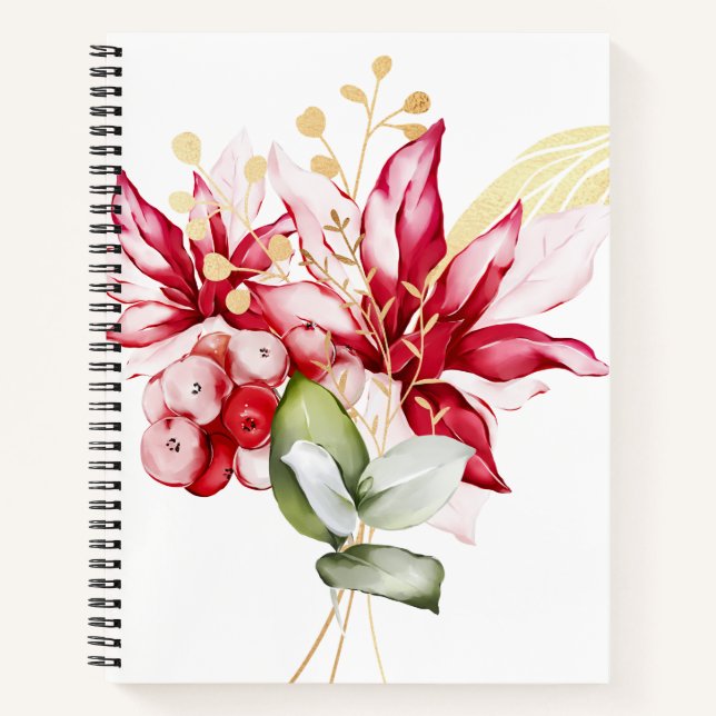 Winterurlaub Rote Poinsettia Aquarellfarben Blume Notizbuch (Vorderseite)