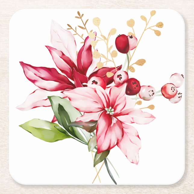Winterurlaub Rote Poinsettia Aquarellfarben Blume Rechteckiger Pappuntersetzer (Vorderseite)