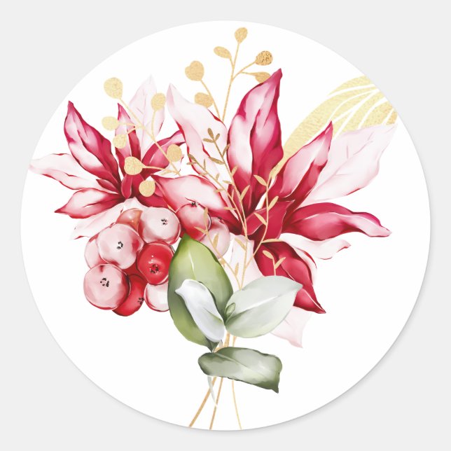 Winterurlaub Rote Poinsettia Aquarellfarben Blume Runder Aufkleber (Vorderseite)