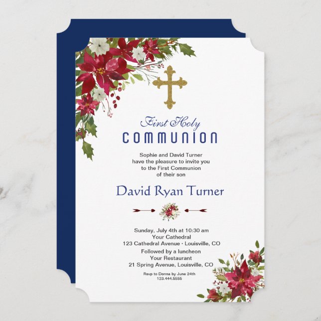 Winterurlaub Rote weiße Poinsettia Heilige Kommune Einladung (Vorne/Hinten)