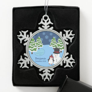 Winterurlaubspenguin und Snowman Kid Schneeflocken Zinn-Ornament
